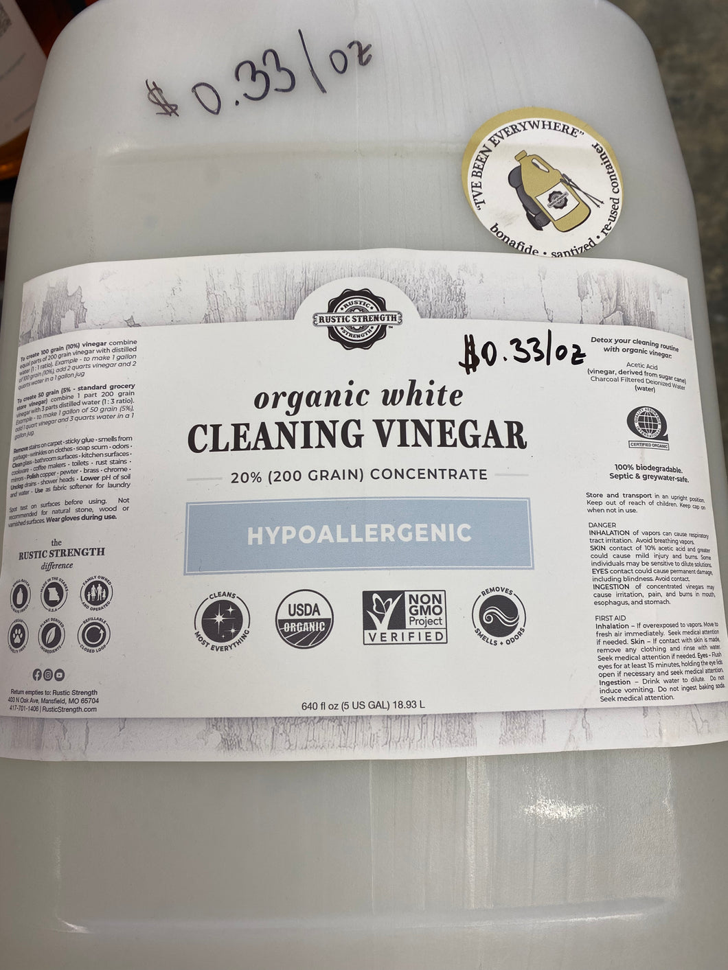 Organic White Cleaning Vinegar CONCENTRATE | 20% (200 grain)
