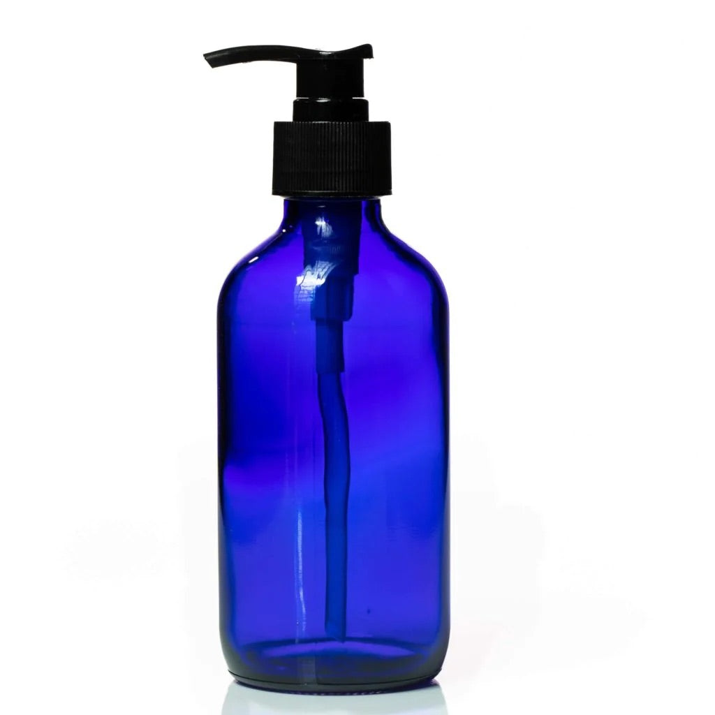 BLUE GLASS BOTTLE WITH PUMP